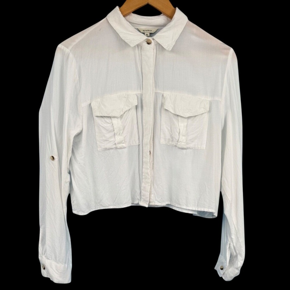 Sim & Sam Women Cropped Button Down Shirt XL White Roll Tab Utility Boho Neutral